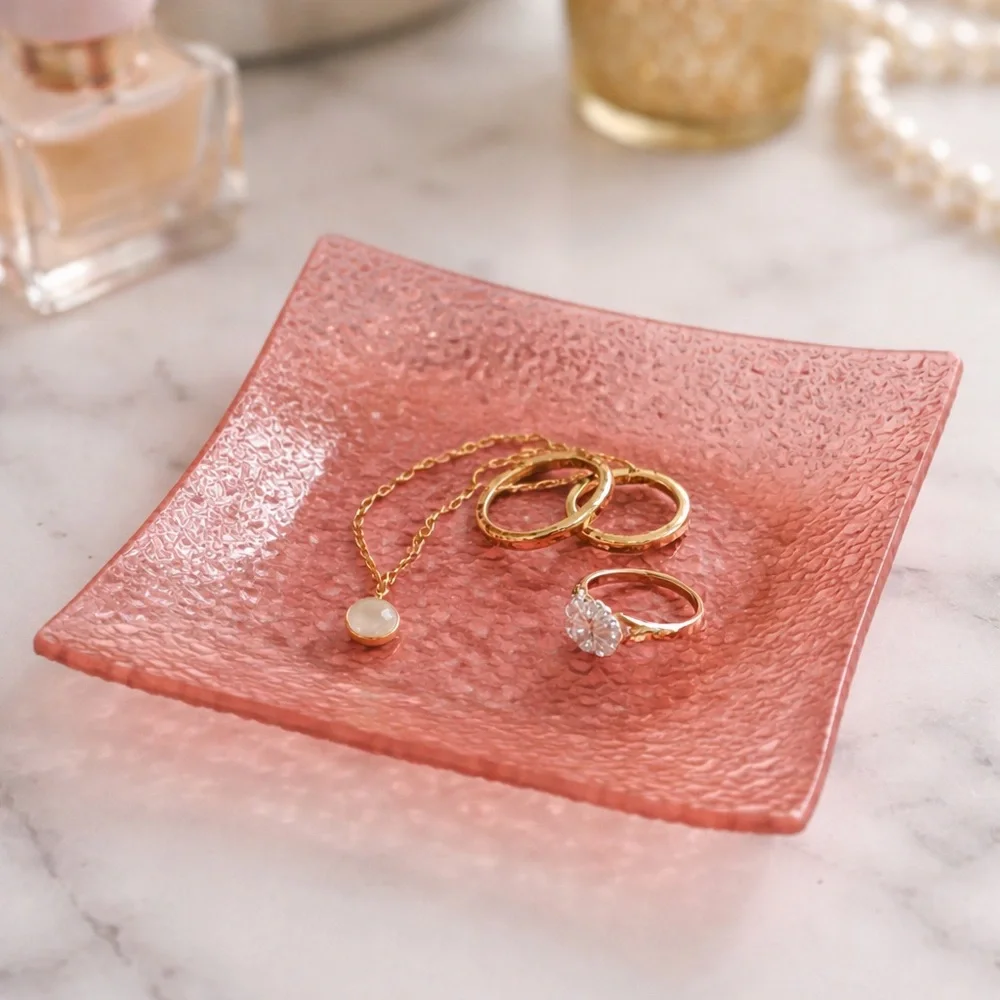 Set of 2 Pink Textured Glass Jewelry Trays – 6” Square Vanity Dishes